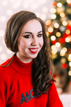 Portrait of a girl. The girl smiles. Girl celebrates Christmas in a cozy atmosphereの写真素材