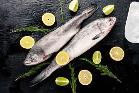 Sebastes- Sea bass female and male on a black background, top view. Whole, fresh fish, next to lemons limes rosemaryの写真素材