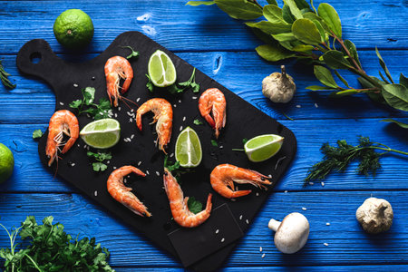 Raw shrimp on a blue background lie on a black cutting board next to lime greens , mushroomsの写真素材