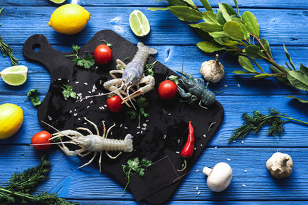 Live crayfish on a black cutting board, on a blue background of different colors next to vegetables...