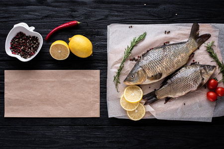 Fresh raw whole fish of mirror carp with spices, lemon and herbs on a background of parchment paper, lies on a wooden black background of boardsの写真素材