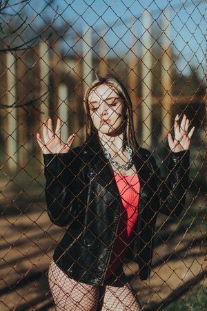 A woman is standing in front of a fence, wearing a black jacket and a red top. She is looking at the camera with her hands on her hips. The image has a moody and edgy feel to itの写真素材