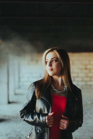A woman in a red shirt stands in a dark room with a black jacket. She is wearing a silver necklace and has her hands on her hipsの写真素材