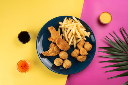 A classic combo of fried chicken, fries, and assorted dipping saucesの写真素材