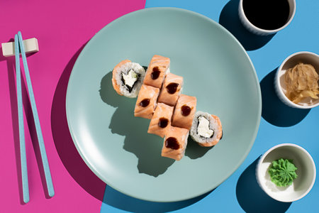 Fresh sushi rolls filled with creamy cheese, elegantly wrapped in salmon tender, beautifully drizzled with savory sauce on a vibrant plateの写真素材