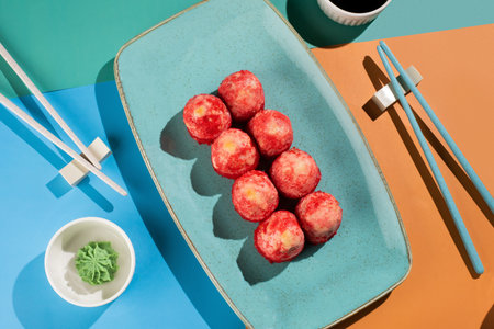 A set of six crispy salmon sushi balls, topped with a spicy sauce, on a vibrant turquoise plate.