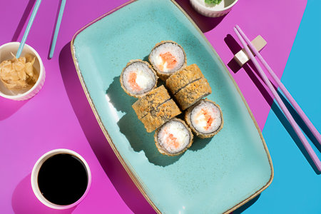 Crispy fried salmon sushi rolls with a creamy cheese filling, served on a turquoise plate with soy sauce and gingerの写真素材