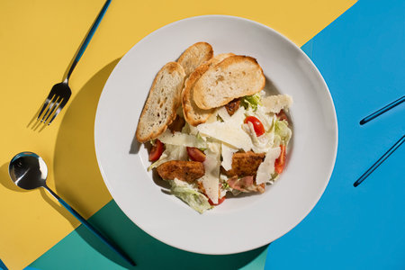 Classic Caesar salad with chicken and crispy croutons, served on a bright plate. A fresh and healthy option for a modern mealの写真素材