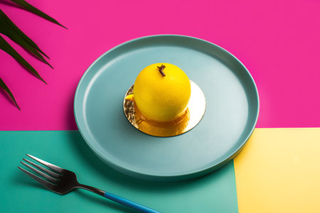 A yellow dessert served on a modern plate with a tropical leaf in the backgroundの写真素材