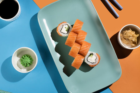 Sushi rolls with fresh salmon, served with colorful chopsticks and soy sauce on a bright, vibrant background. A modern take on traditional sushi.の写真素材