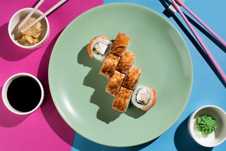 Sushi Rolls with Cucumber and Avocado Wrapped in Fish and Topped with Black Fish Roeの写真素材