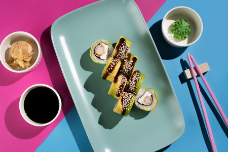 Sushi rolls topped with fresh avocado slices and sesame seeds on a vibrant blue plate. Served with chopsticks and soy sauce on a colorful, modern background.の写真素材