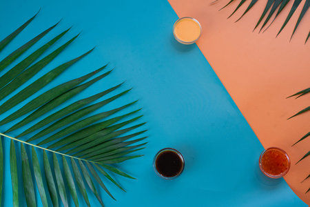 A minimalist tropical background featuring vibrant blue and peach colors with palm leaves, perfect for text or product placement.の写真素材