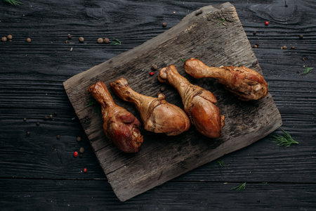 Three smoked chicken drumsticks placed on a rustic wooden board. The crispy brown skin highlights a home-cooked, natural dish perfect for hearty meals.の写真素材