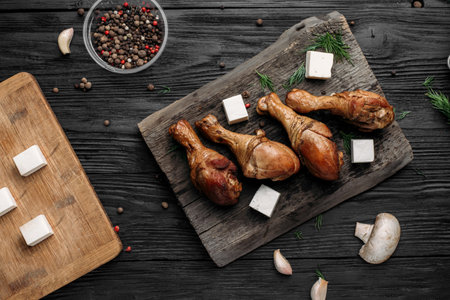 Smoked chicken drumsticks with cubes of cheese presented on a rustic wooden board, enhancing the natural, home-cooked appeal.の写真素材