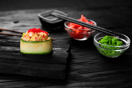 Gunkan sushi wrapped in cucumber, filled with rice, salmon, avocado, masago caviar, and drizzled with spicy sauce and unagi sauce.の写真素材