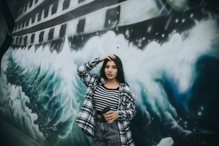 Beautiful young Asian woman with long black hair posing in an urban contextの写真素材