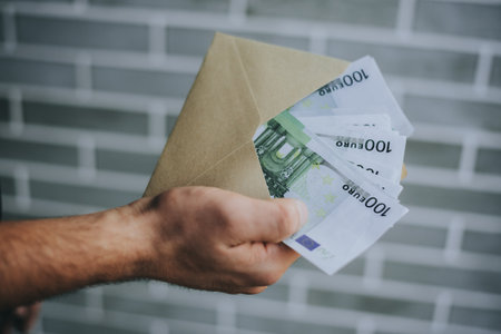 A hand holding an envelope with euro currency inside, symbolizing financial transaction, salary, or payment.の写真素材