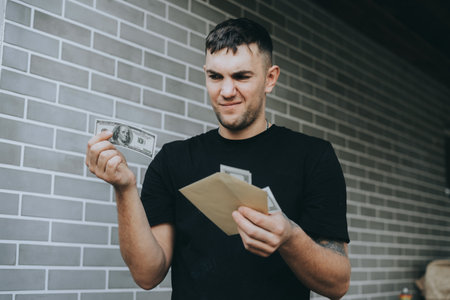 Man holding euros and dollars in an envelope, representing financial exchange and international transactions.の写真素材