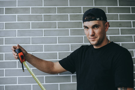 A man holds a measuring tape, symbolizing the importance of precision in construction and repair work.の写真素材