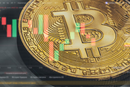 Bitcoin with market graph reflectionの写真素材