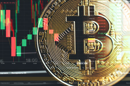 Bitcoin with market graph reflectionの写真素材