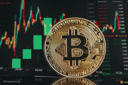 Bitcoin with stock market graph backgroundの写真素材