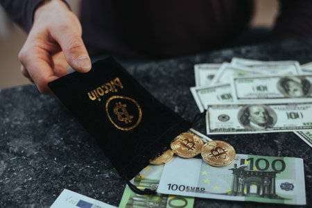 Golden bitcoin coins spilling out of a black bag marked Bitcoin signifying financial success and cryptocurrency growth.の写真素材