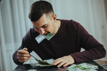 Man biting euro bills, symbolizing international wealth consumption and economic grid.の写真素材