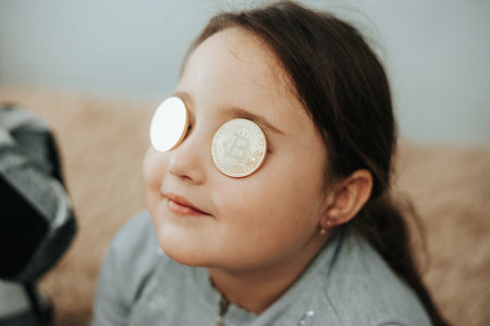 Young girl playing with cryptocurrency coins, holding them in front of her eyes like glasses.の写真素材