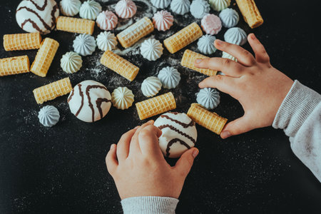 Two children's hands interacting with wafers, meringues, and cookies on a dark background.の写真素材
