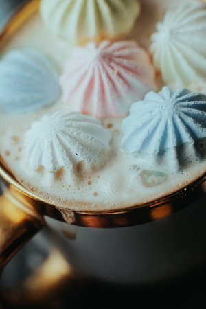 A luxurious golden-handled cup filled with hot coffee and topped with colorful pastel meringues. The elegant composition blends warmth and sweetness in a cozy aesthetic.の写真素材