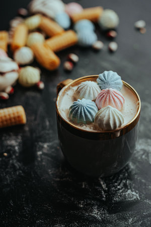 A golden cup filled with hot coffee, topped with pastel meringues and surrounded by wafers and cookies. A cozy and indulgent scene that captures a sweet moment.の写真素材