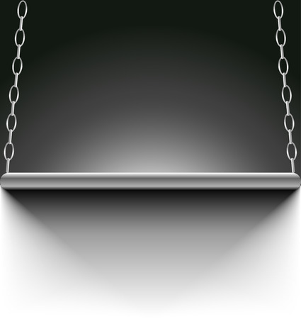 an empty shelf hangs on chains on a background a black wallの写真素材