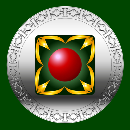 Abstract figure in the background of a metal circle with a red ball in the middleのイラスト素材
