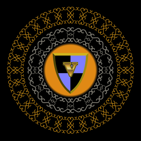 Round pattern with black and blue shield with a gold letter V in the middleのイラスト素材