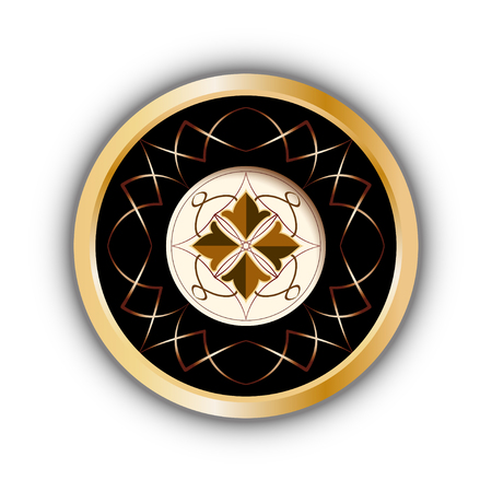 Decorative plate with vintage abstract figure. Shiny gold icon with brown design on black white backgroundのイラスト素材