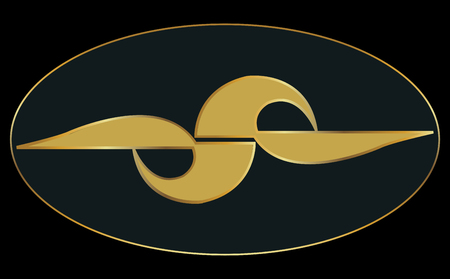 Creative stock pattern. Logo in the form of an abstract bird with spread wings and a golden strokeのイラスト素材