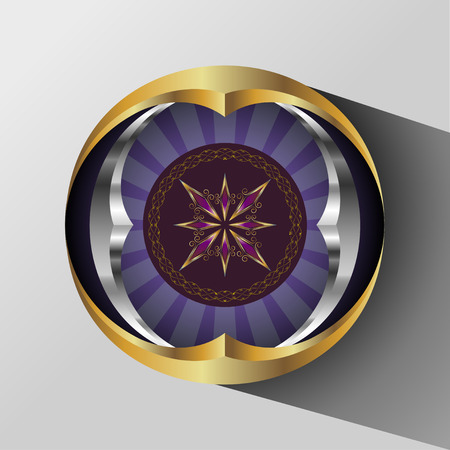 Abstract round shape consisting of gold and chrome circles with vintage sign in the middleのイラスト素材