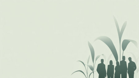 This image features silhouettes of business professionals standing together against a soothing green backdrop with abstract plant elements, symbolizing growth and teamwork.の素材