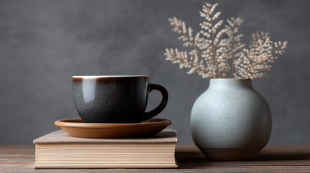 A serene still life composition featuring a black coffee cup on a wooden table, paired with a ceramic vase holding dried flowers, creating a tranquil setting.の素材