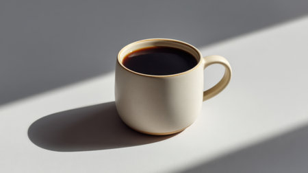 A minimalist image showcasing a ceramic coffee cup filled with dark brewed coffee, featuring soft natural light casting a gentle shadow, perfect for design inspiration.の素材