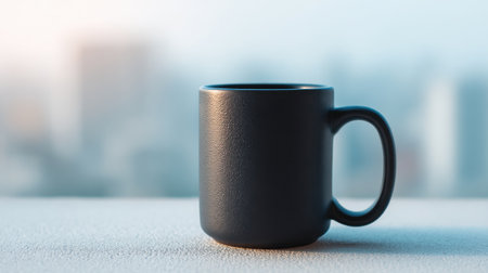 A sleek black coffee mug sits elegantly on a table, surrounded by a soft-focused urban landscape. The morning light creates a calming atmosphere perfect for cozy moments.の素材