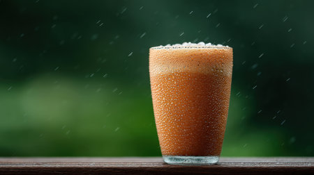 A beautifully captured cold beverage in a glass with condensation, sitting on a wooden surface during a rainy day, perfect for summer refreshment and enjoyment.の素材