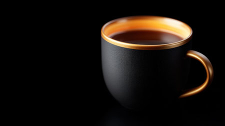 This image showcases a beautifully crafted black coffee cup with a striking golden rim, set against a dark background, perfect for evoking warmth and comfort.の素材
