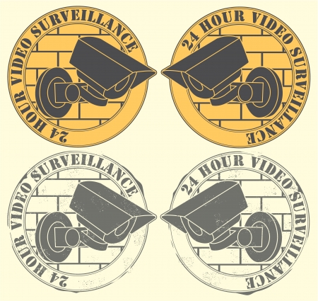 Set of the seals with the image of an observation camera with the text 24 hours of video of supervisionのイラスト素材