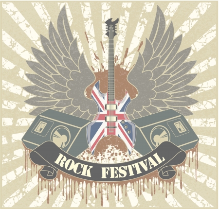 Sticker on the shirt the image of a guitar of wings of columns and tapes with the text rock festivalのイラスト素材
