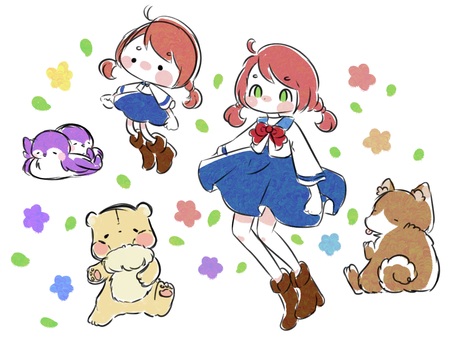 Doodle collection of girl, fluffy animals, and flowers.の写真素材