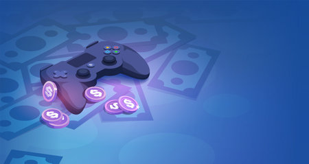 Big Money in Game Industry isometric concept. Game controller with stack of coins and banknotes on...