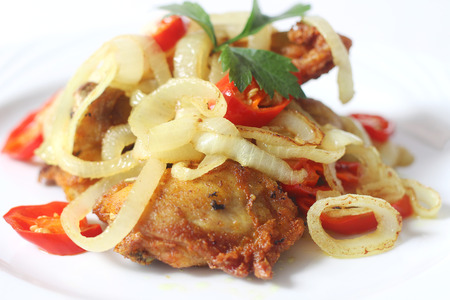 Asian cuisine fried chicken with turmeric, onion and chiliの写真素材